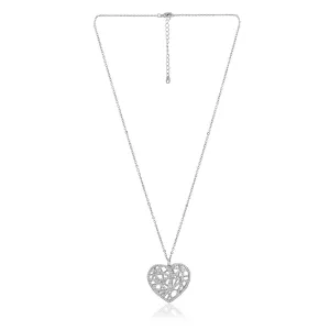 Carlton London Women'S Premium Silver Toned Cubic Zirconia Studded Rhodium-Plated Heart Shaped Pendant With Chain Fjn4162