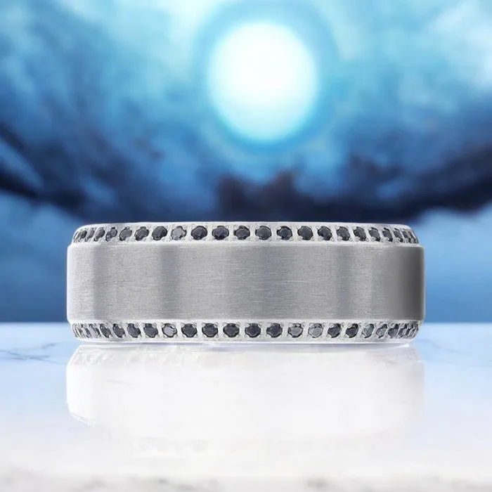 CHAMPION | Silver Titanium Ring, Black Sapphires on Edges, Beveled