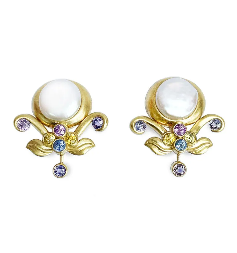 Coin Pearl,  Sapphire and Yellow Gold Earrings