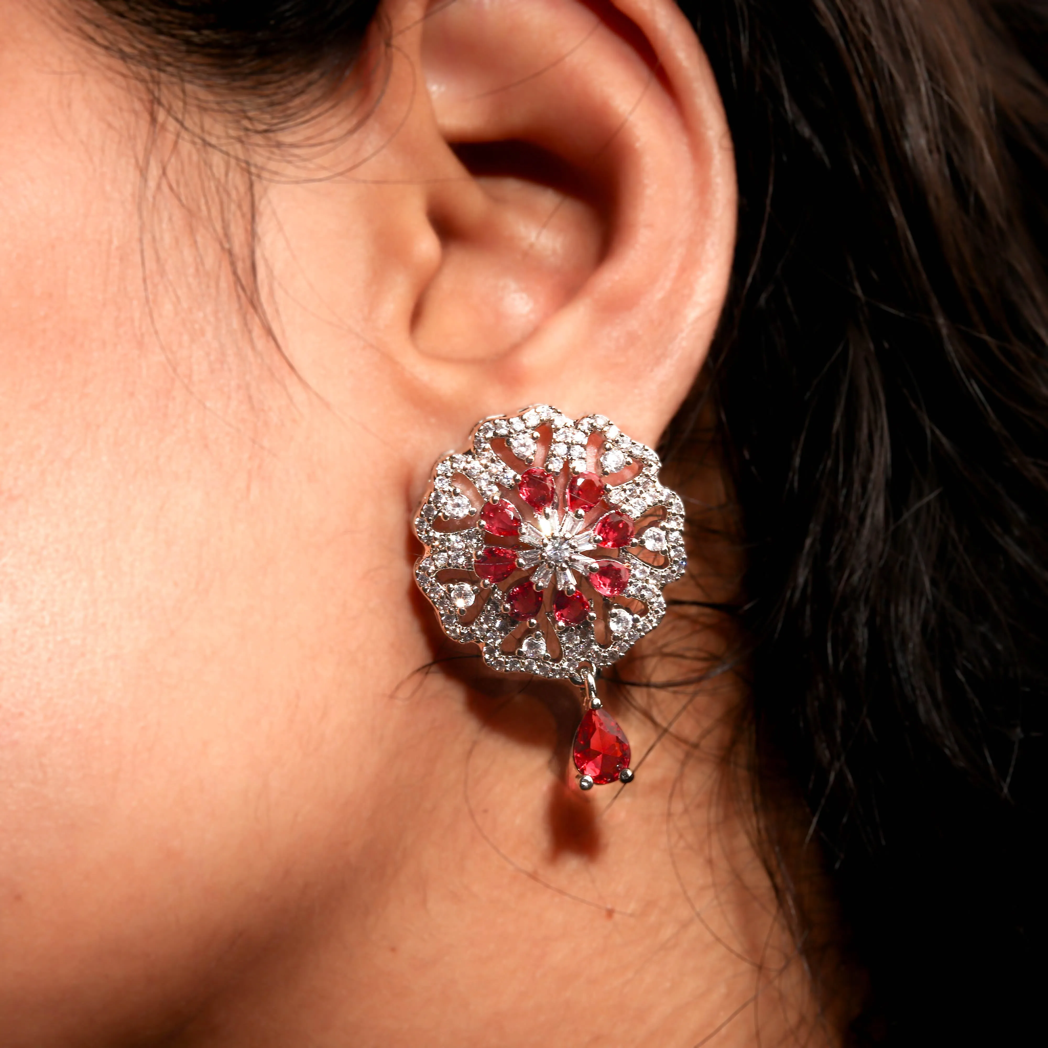 Contemporary Rhodium Plated Floral White and Ruby Red Zircon Stone Earring