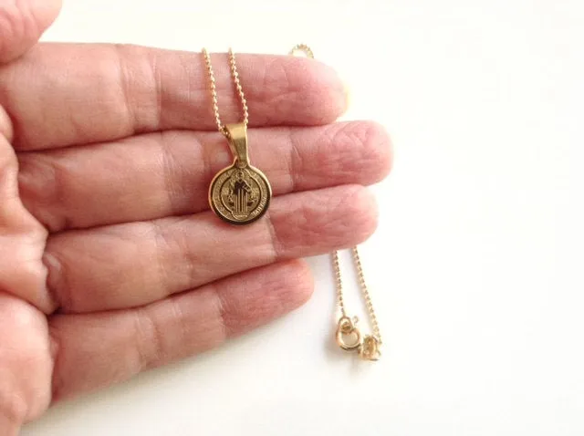 Dainty Gold Plated Ball Chain San Benito Medal Necklace