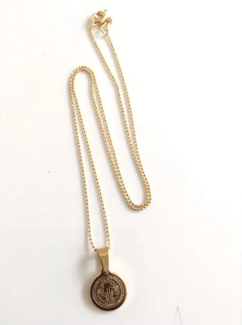 Dainty Gold Plated Ball Chain San Benito Medal Necklace