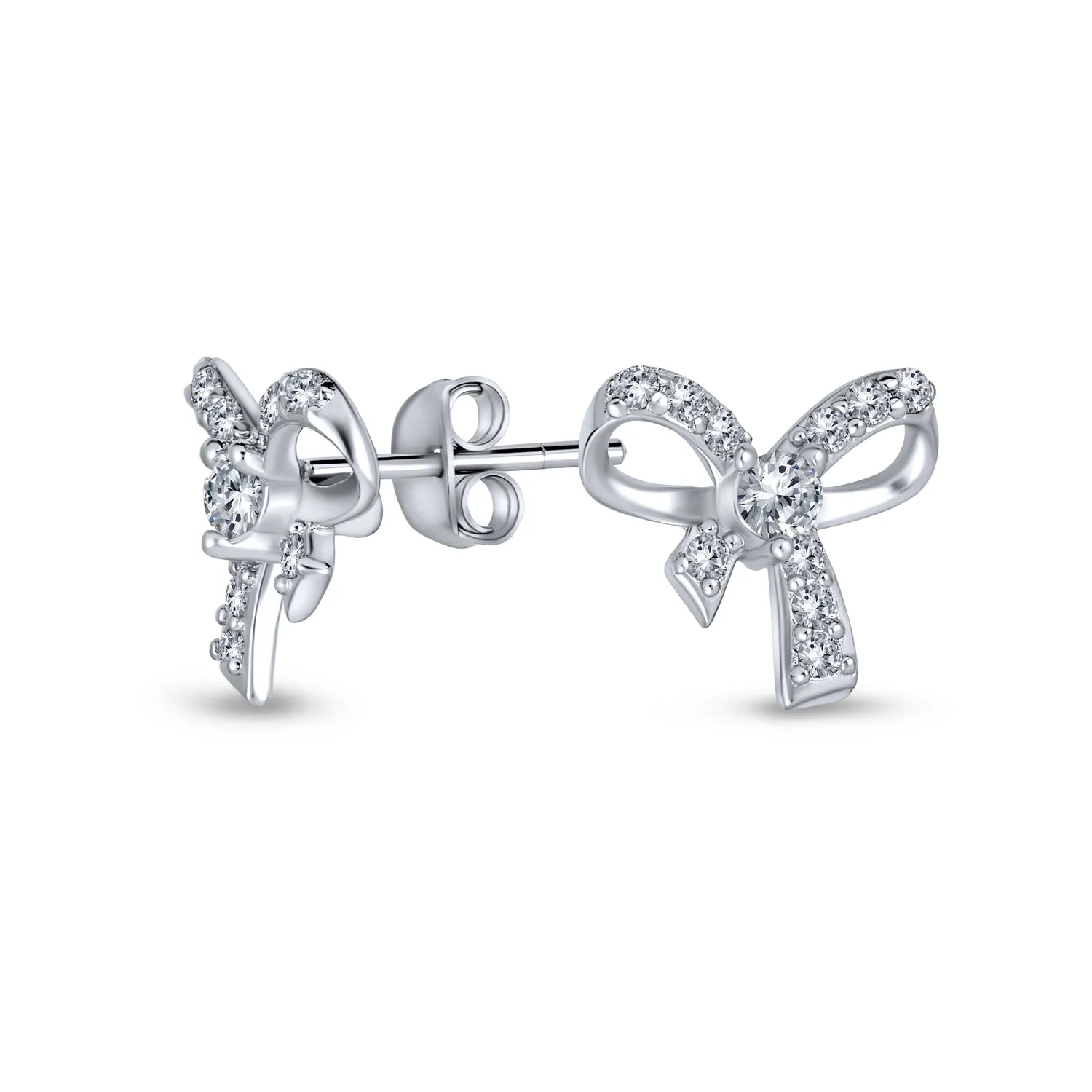 Delicate Vintage Ribbon Pave CZ Stud Earrings, Small Bow, Sterling Silver Gift