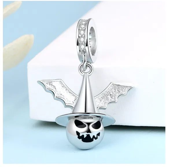 Eeps! Scary Witch Pumpkin Bat Charm 925 Sterling Silver