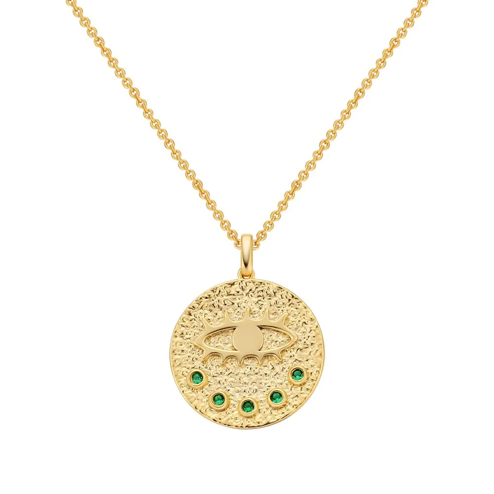 Evil Eye Emerald Gold Coin Pendant Necklace for Women