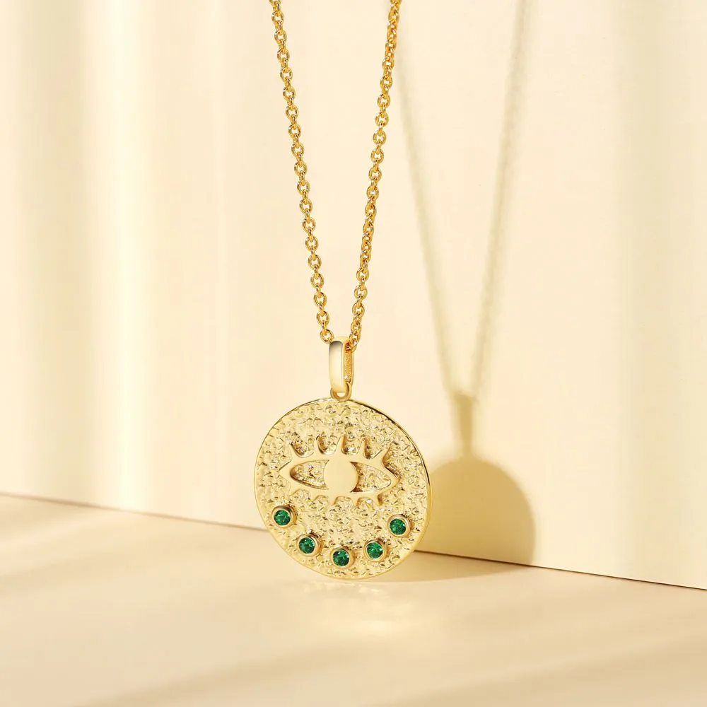 Evil Eye Emerald Gold Coin Pendant Necklace for Women