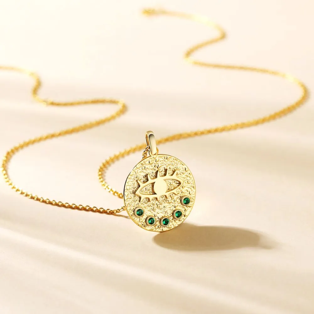 Evil Eye Emerald Gold Coin Pendant Necklace for Women