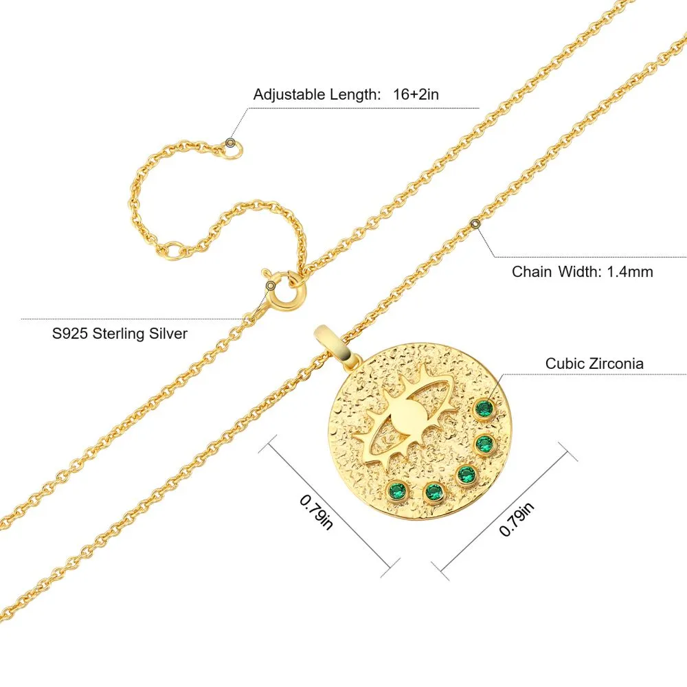 Evil Eye Emerald Gold Coin Pendant Necklace for Women