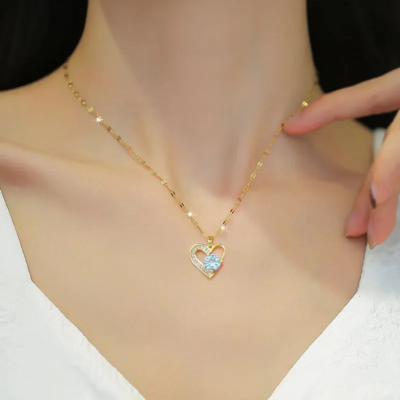 Fashionable Heart-shaped Zircon Necklace with Unique Lock Design