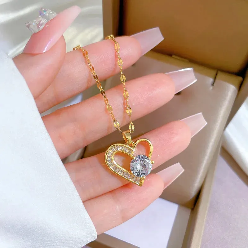 Fashionable Heart-shaped Zircon Necklace with Unique Lock Design