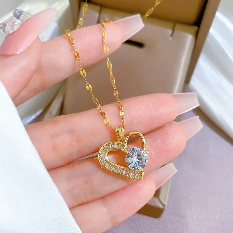 Fashionable Heart-shaped Zircon Necklace with Unique Lock Design