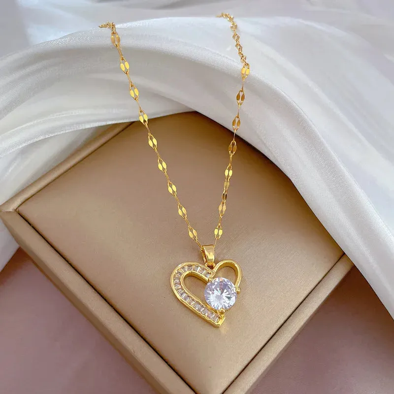 Fashionable Heart-shaped Zircon Necklace with Unique Lock Design