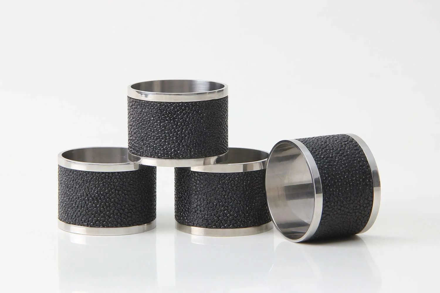 Faux Shagreen & Stainless Steel Napkin Rings Black Set of 4