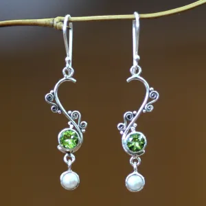 Graceful Pearl and peridot dangle earrings