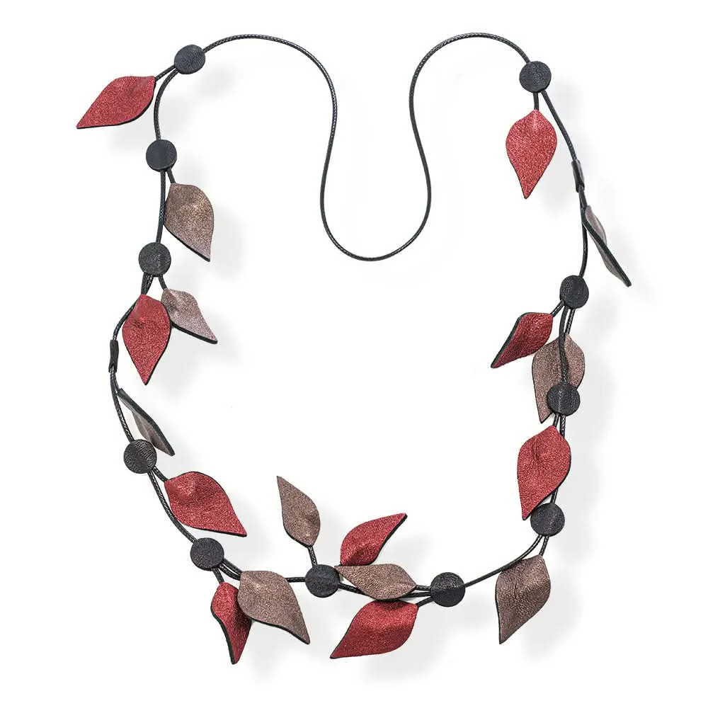 Handmade Long Leather Necklace Burgundy, Brown, Black Leaves