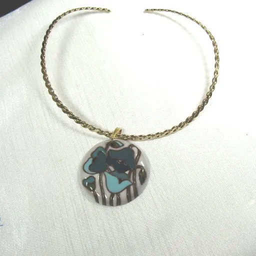 Handmade Turquoise Artisan Bead Big  Pendant on Gold Neck Wire