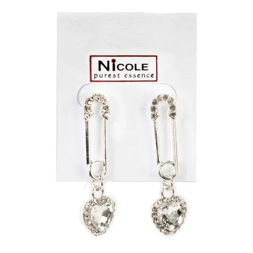 Heart Safety Pin Dangle Earrings Silver