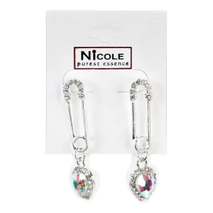 Heart Safety Pin Dangle Earrings Silver