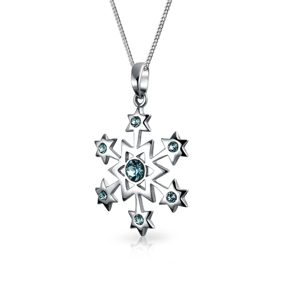 Holiday Party Ice Blue Topaz Snowflake Pendant Necklace in Sterling Silver