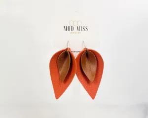 Leather Stacked Petal Earring "Worn Brown Burnt Orange"