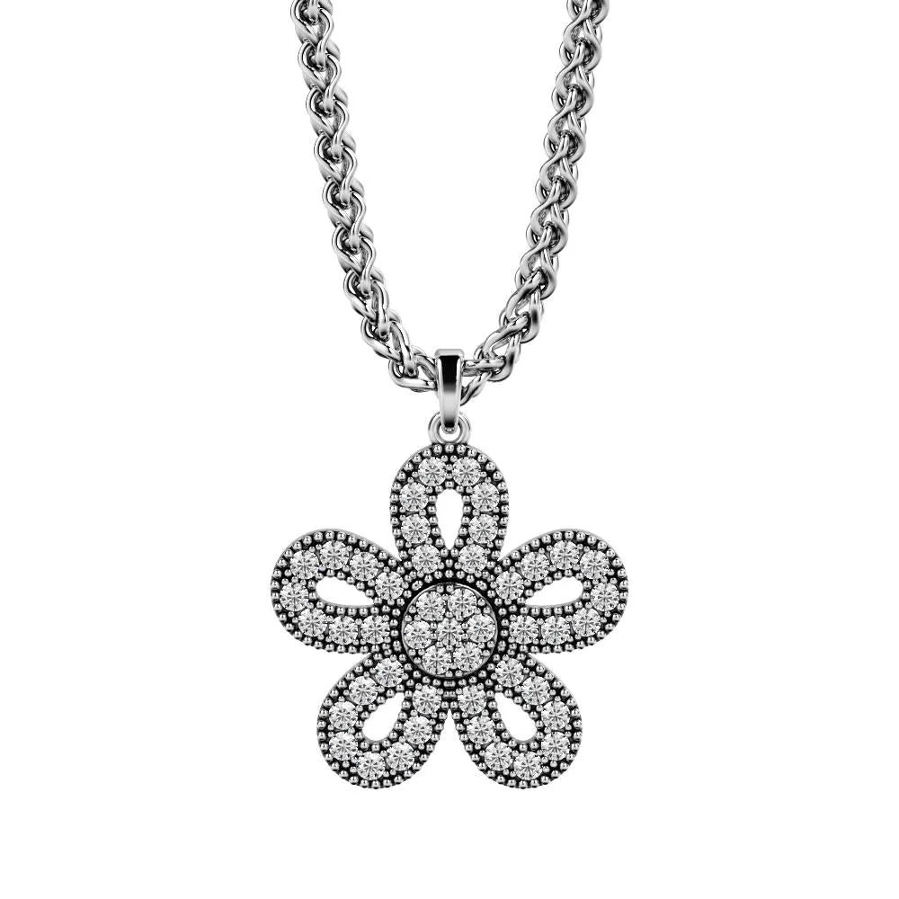 Light dome Natural Diamond Flower Pendant with a White Necklace