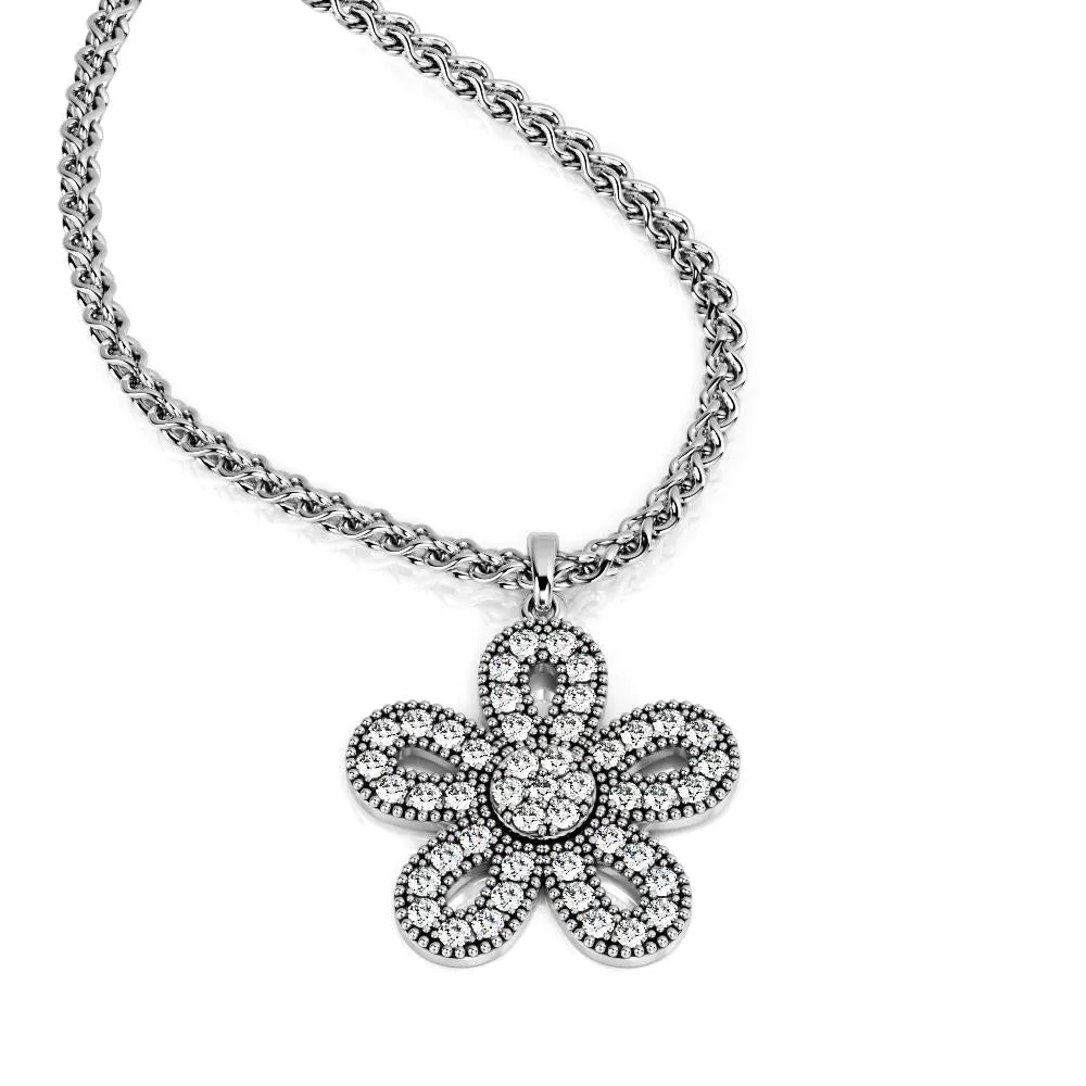 Light dome Natural Diamond Flower Pendant with a White Necklace