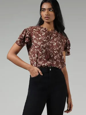 LOV Brown Ditsy Floral Printed Top