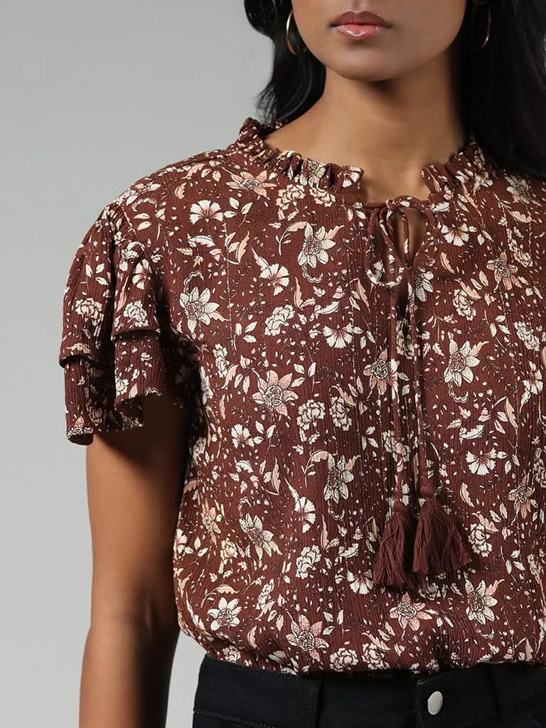 LOV Brown Ditsy Floral Printed Top