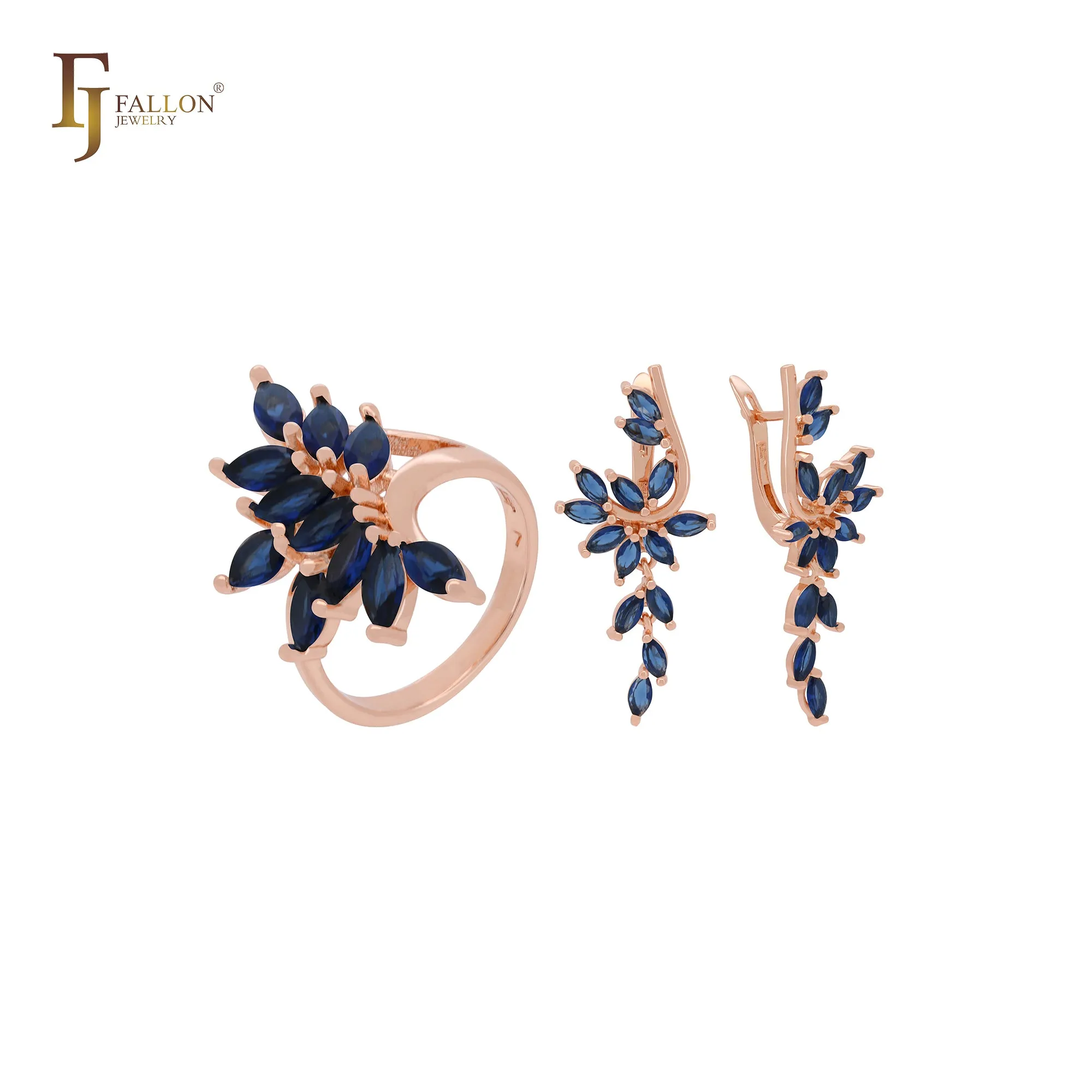 Luxurious Deep lake blue cluster CZs Rose Gold Jewelry Set with Rings