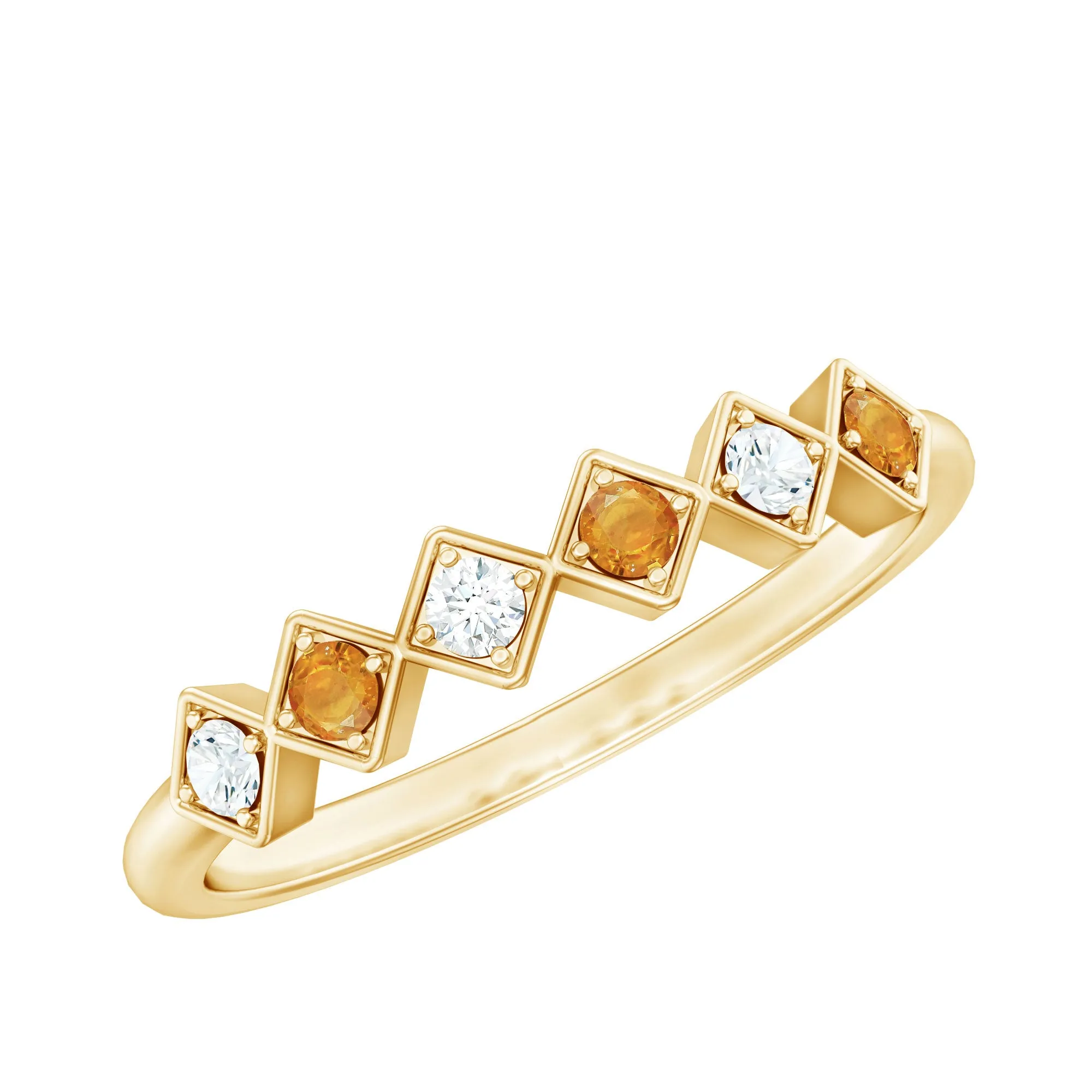 Orange Sapphire and Diamond Geometric Half Eternity Ring