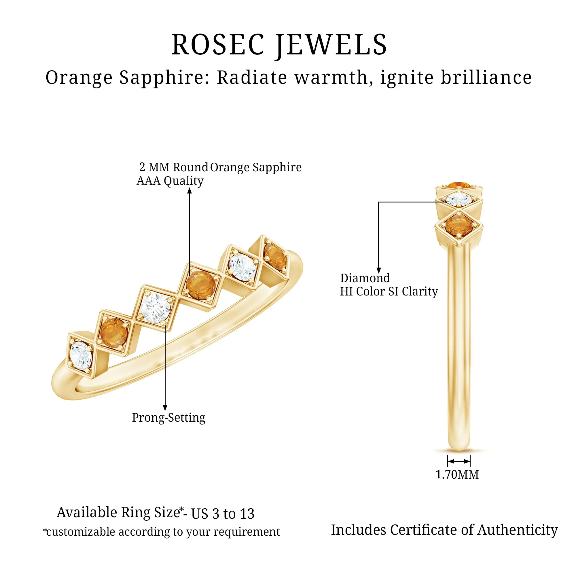 Orange Sapphire and Diamond Geometric Half Eternity Ring