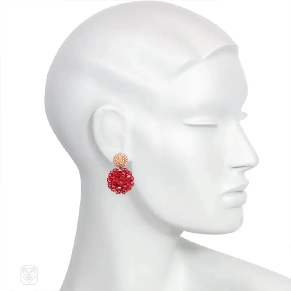 Orange-white glass and pink crystal beaded ball earrings