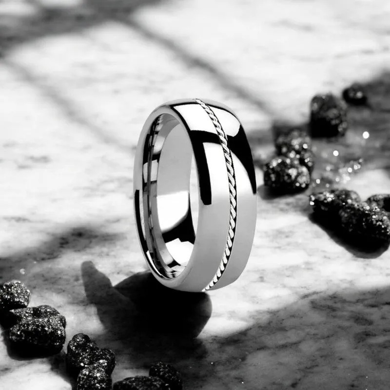 PHYTHEON | Silver Tungsten Ring, Braided Platinum Inlay, Domed