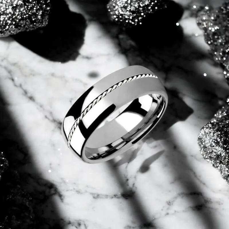 PHYTHEON | Silver Tungsten Ring, Braided Platinum Inlay, Domed