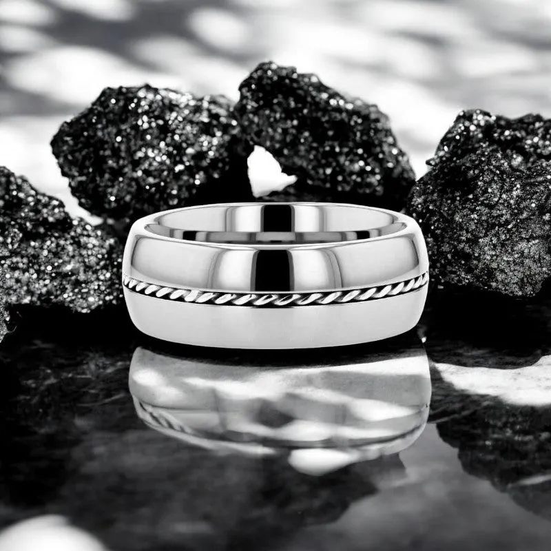 PHYTHEON | Silver Tungsten Ring, Braided Platinum Inlay, Domed