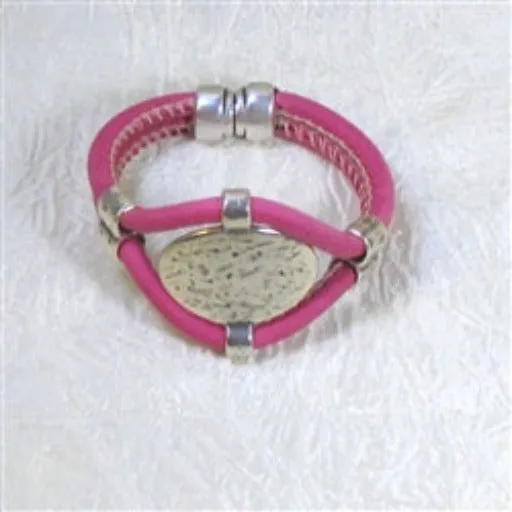 Pink Leather Cord Bracelet With Silver Front Panel