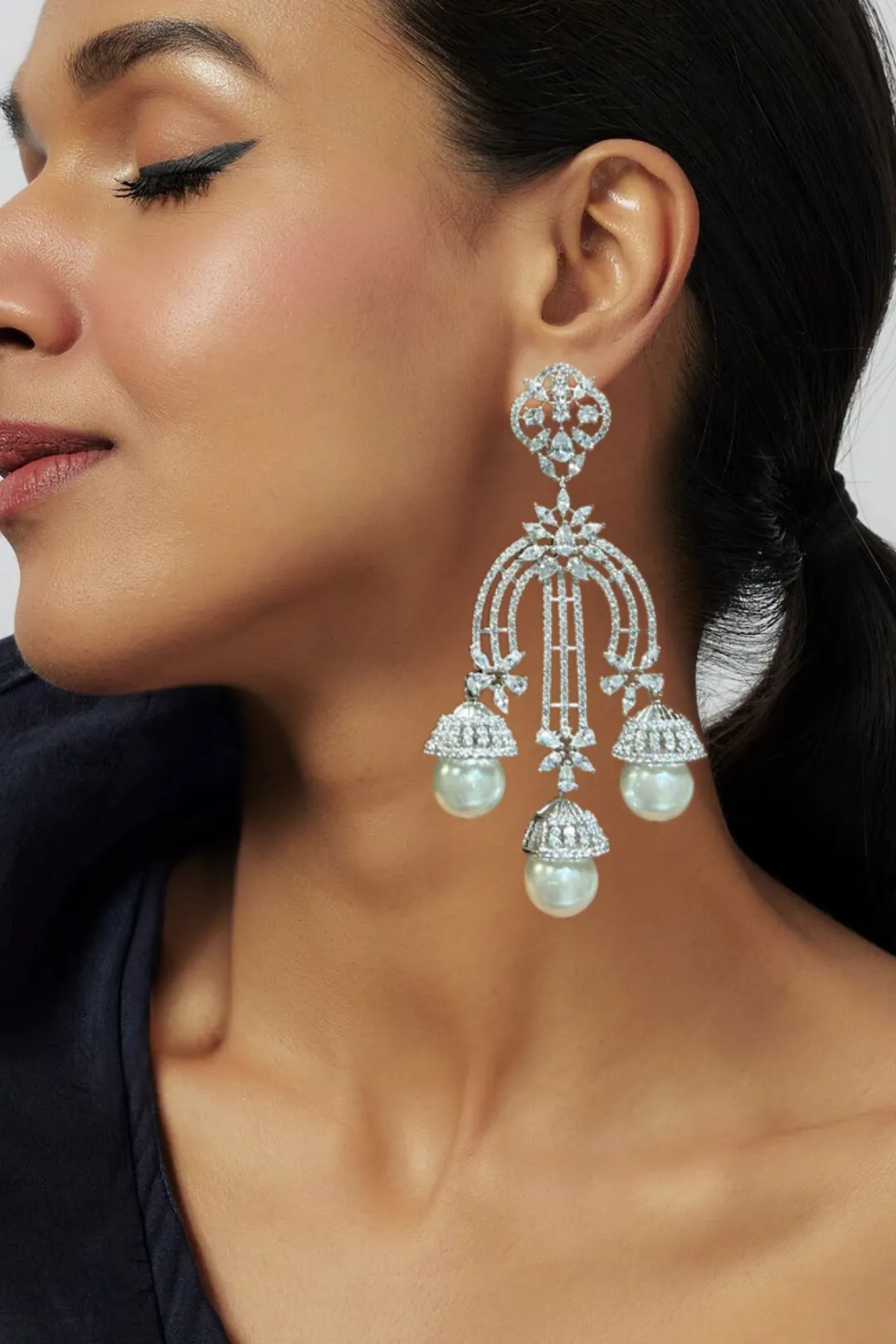 Raina- Luxe Rhodium Plated Pearl Drop Earrings