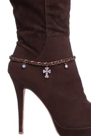 Rhinestone Studded Cross Brown Leather Boot Chain