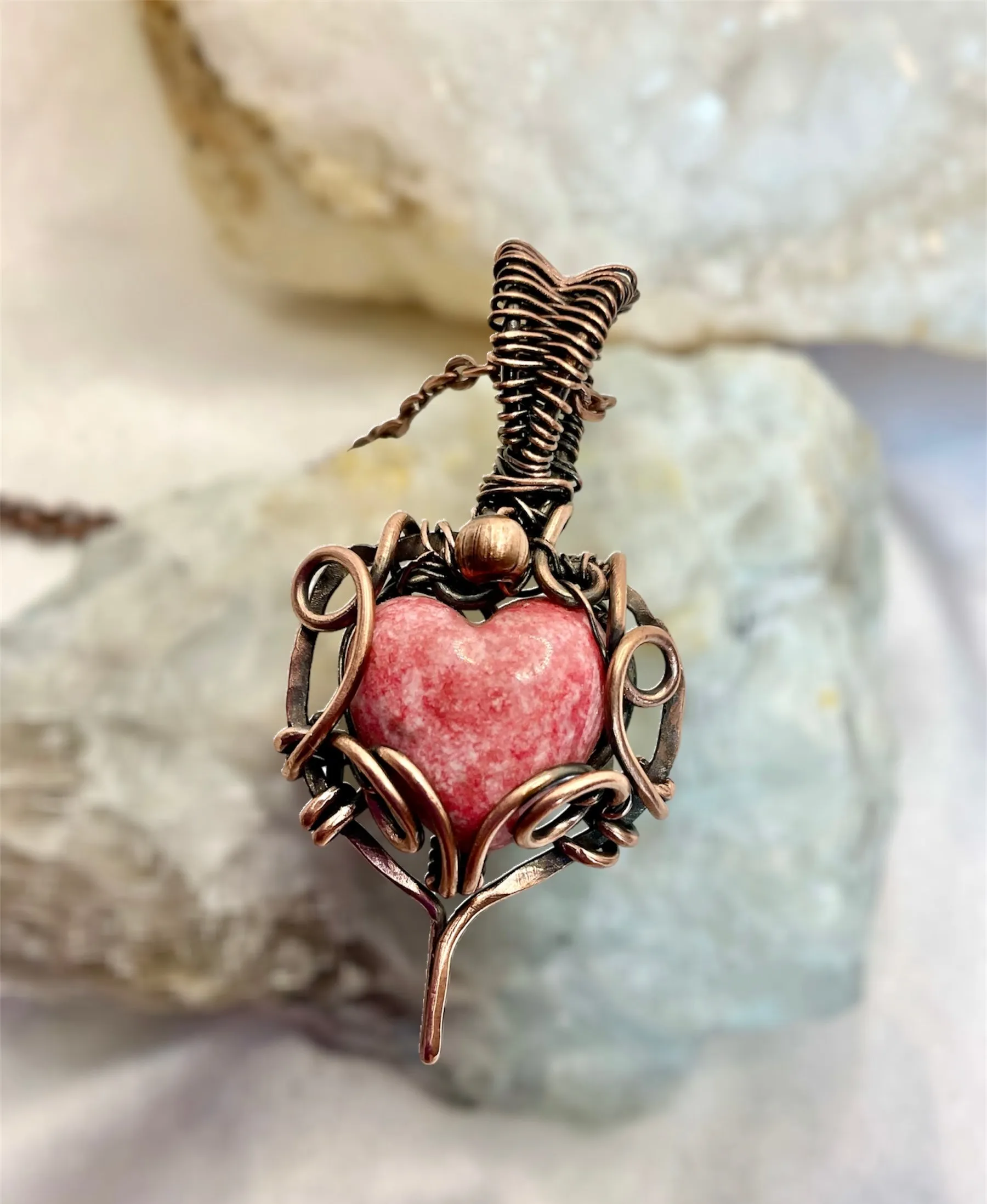 Rhodochrosite Heart Wire Wrapped Pendants