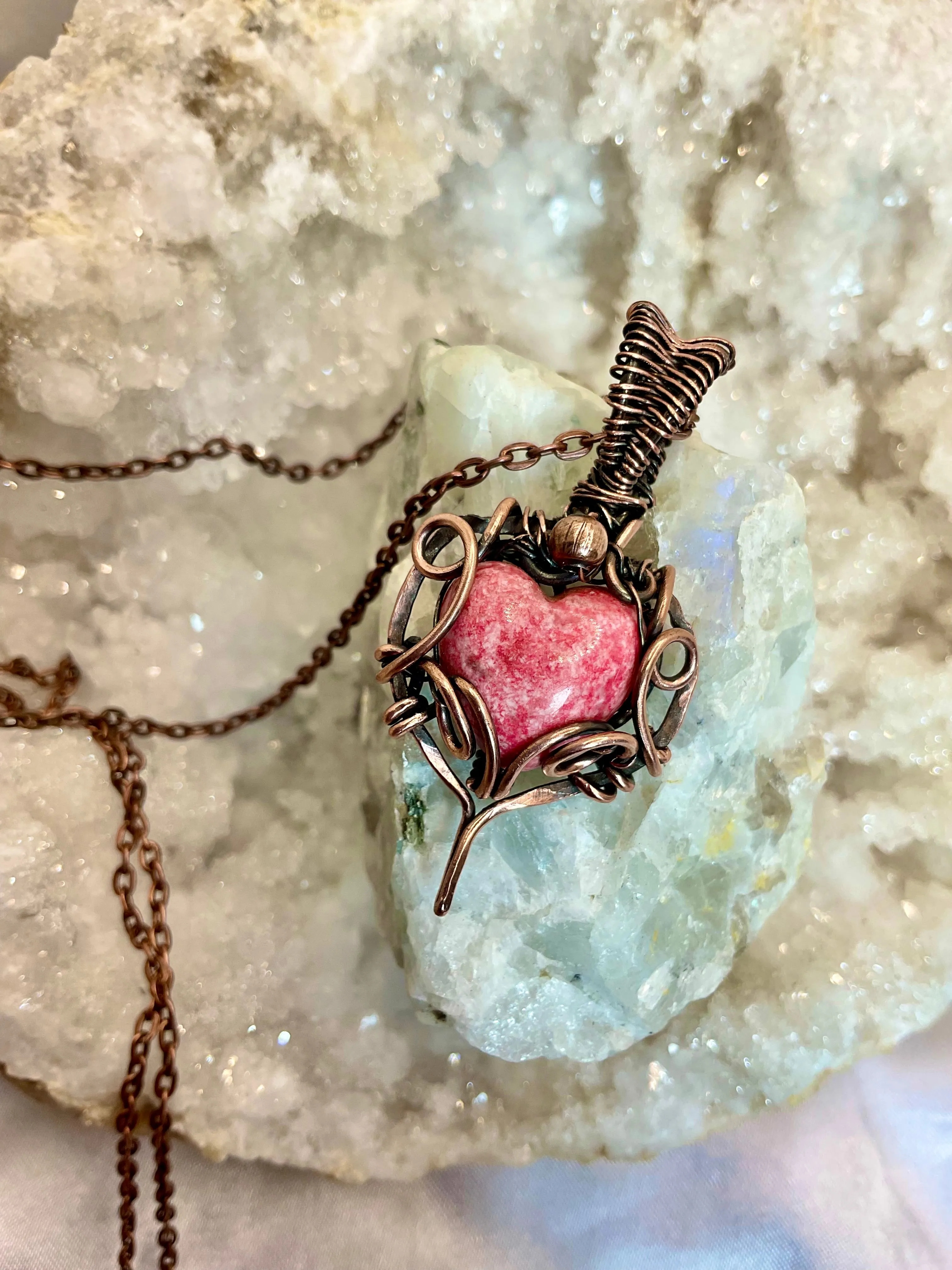 Rhodochrosite Heart Wire Wrapped Pendants