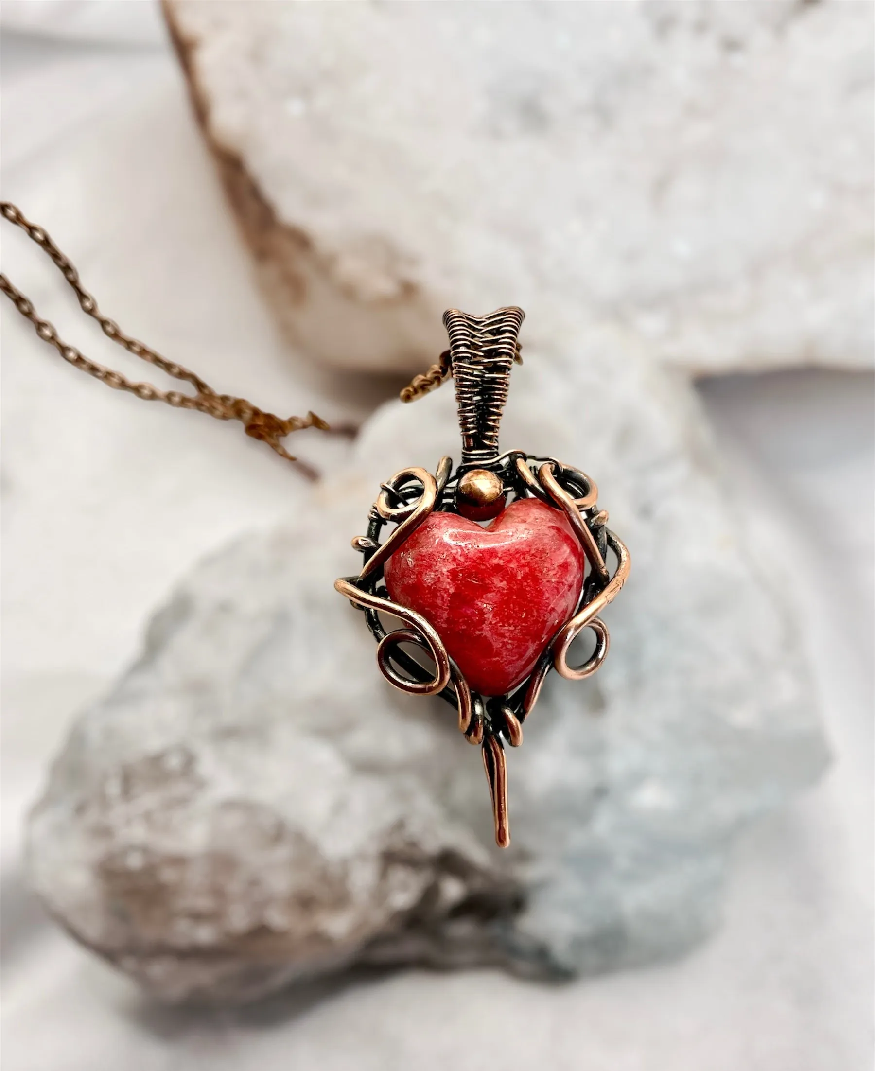 Rhodochrosite Heart Wire Wrapped Pendants