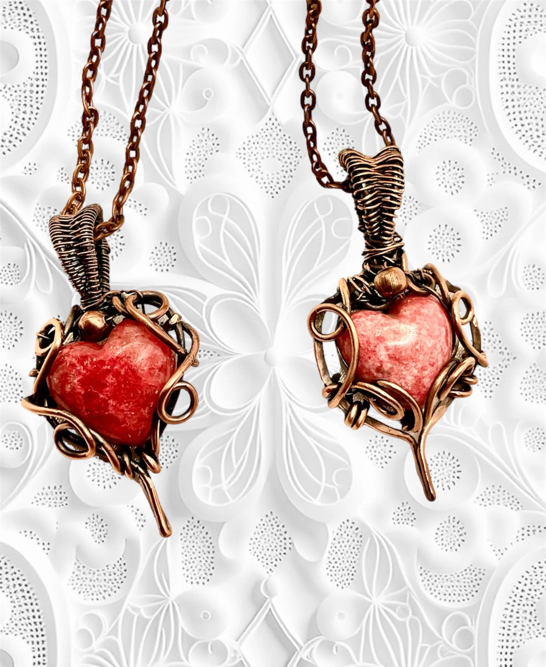 Rhodochrosite Heart Wire Wrapped Pendants