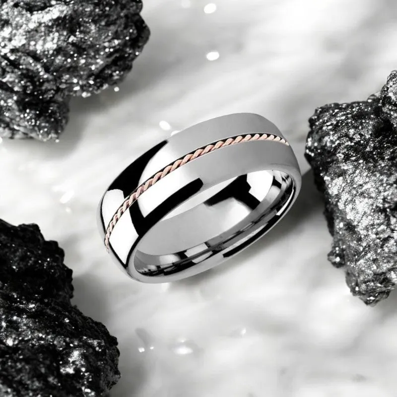 ROSSMOOR | Silver Tungsten Ring, Braided 14k Rose Gold Inlay, Domed