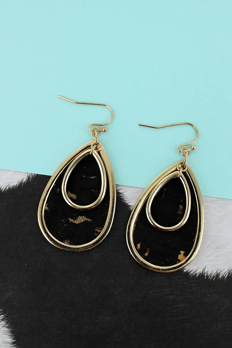 SALE! Goldtone and Black Cork Layered Teardrop Earrings