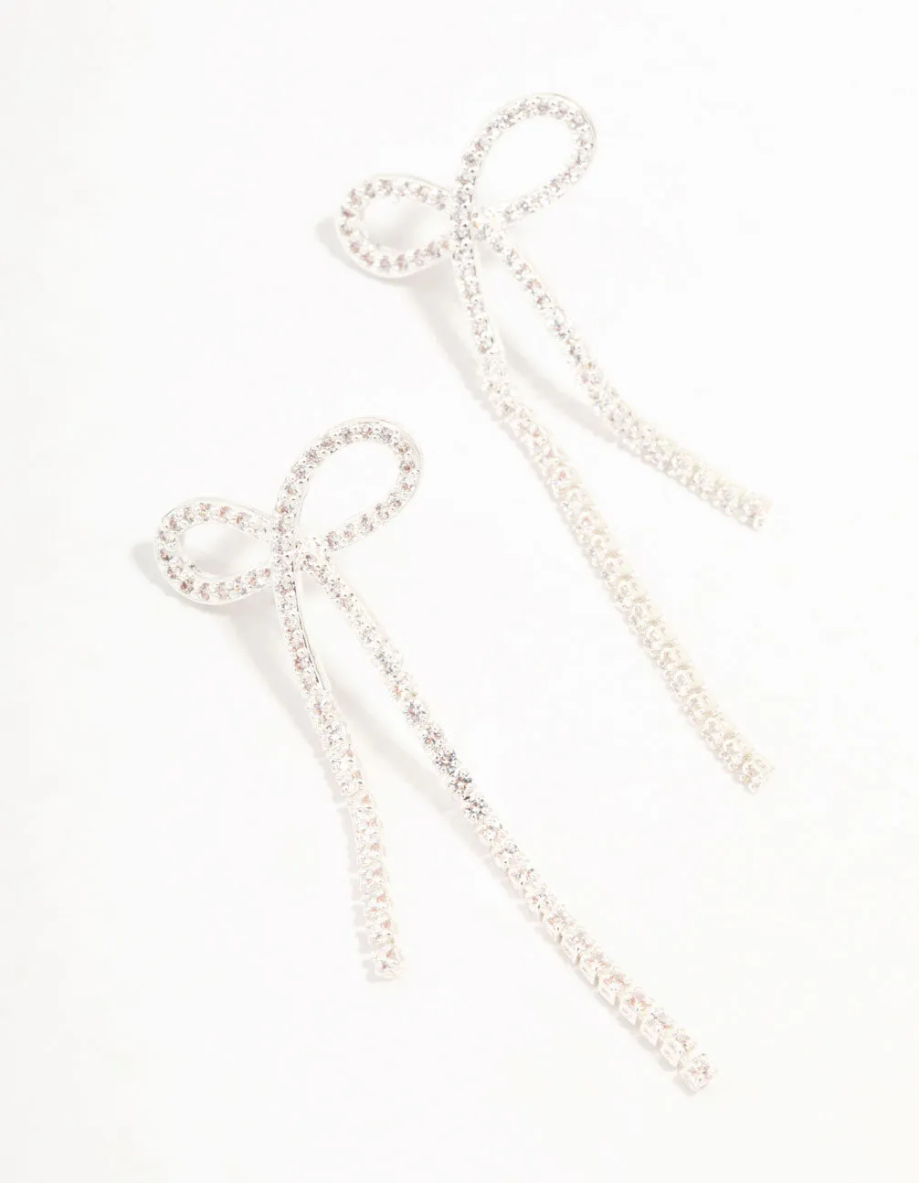 Silver Plated Cubic Zirconia Loop Cup Chain Bow Earrings