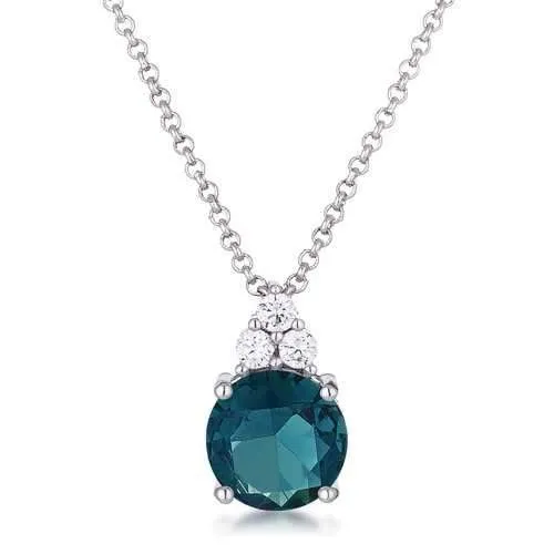 Simple Rhodium Plated 9mm Blue Green CZ Pendant