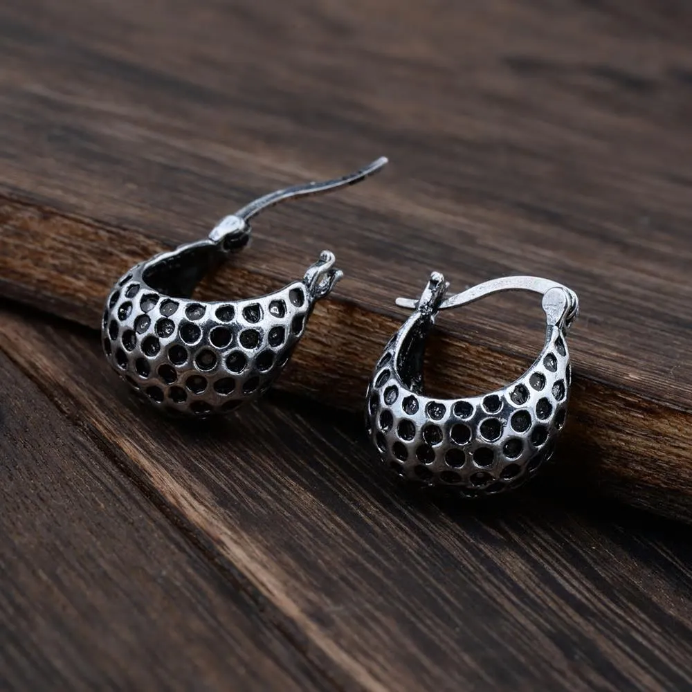 Small Ethnic Vintage Silver Leopard Ball Hoop Earrings