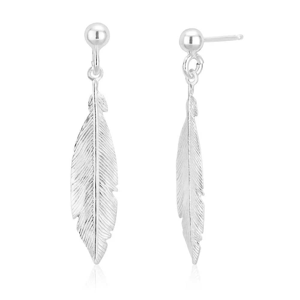 Sterling Silver Feather Drop Stud Earrings