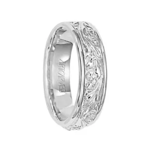 SUCCESS 14k White Gold Wedding Band Intricate Scroll Center Rolled Edges by Artcarved - 6 mm