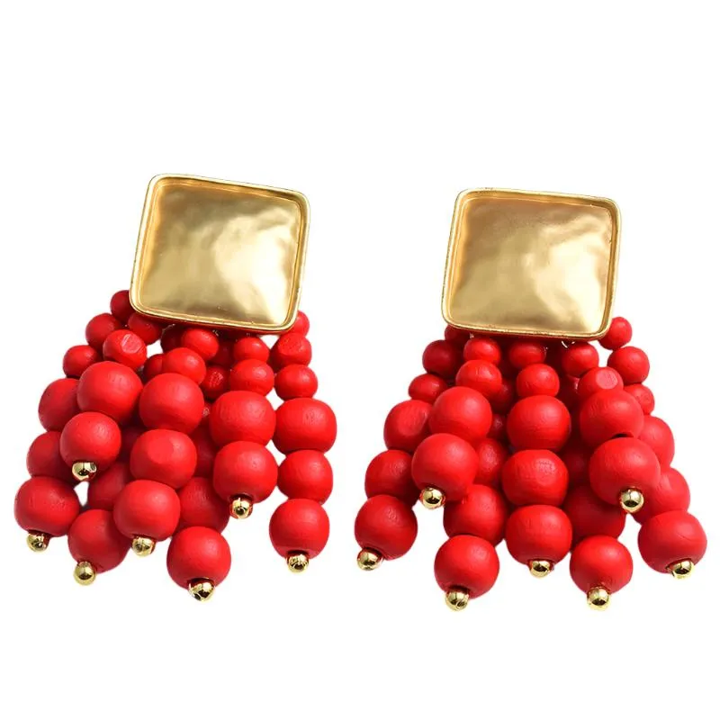 TEEK - Wooden Beaded Tassel Drop Earrings